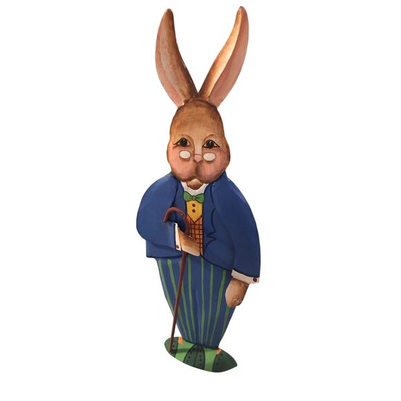 Vintage Dept 56 Rustic Trio Of Easter Bunny’s Metal Hand Painted Dressed In Best - Picture 6 of 10